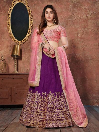 Purple Sequins Embroidered Silk Wedding Wear Lehenga Choli 