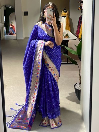 Attractive Blue Zari Weaving Jacquard Silk Wedding Wear Saree