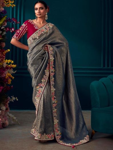 Alluring Grey Embroidered Kanjivaram Silk Festive Wear Saree With Blouse