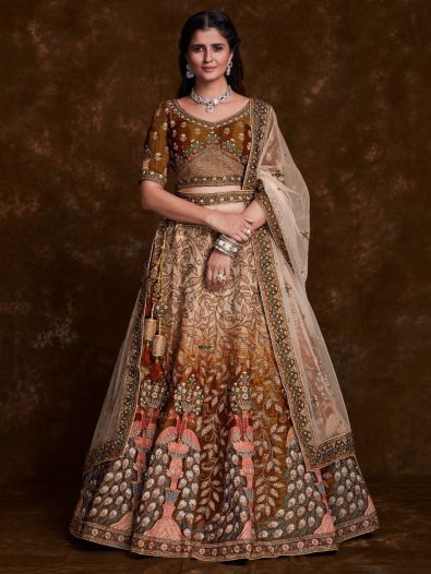 Glamorous Brown Thread Embroidered Art Silk Wedding Lehenga Choli