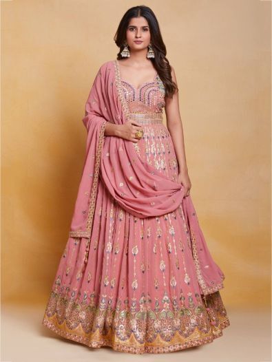 Beautiful Pink Sequins Georgette Traditional Gown With Dupatta 