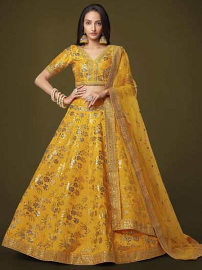 Attractive Yellow Sequins Slub Silk Wedding Wear Lehenga Choli