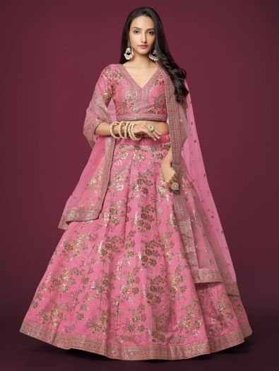Appealing Pink Sequins Slub Silk Reception Wear Lehenga Choli
