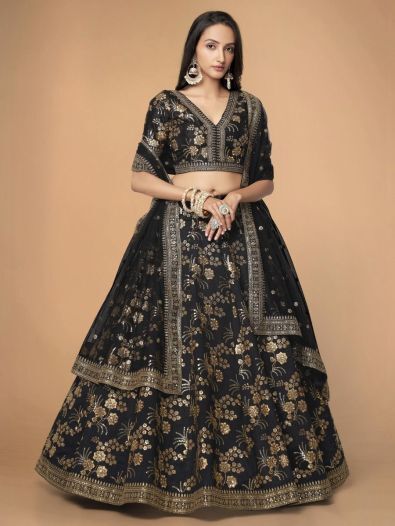Lovely Black Sequins Silk Reception Wear Lehenga Choli With Blouse