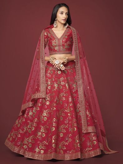 Alluring Red Embroidered Silk Traditional Lehenga Choli With Blouse