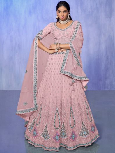 Marvelous Pink Embroidered Georgette Lehenga Choli With Dupatta