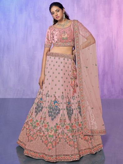 Lovely Peach Embroidered Georgette Lehenga Choli With Dupatta