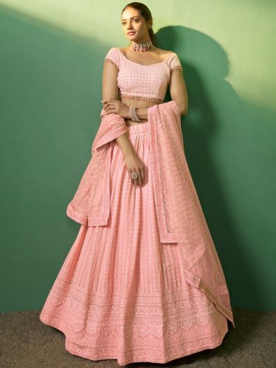 Awesome Peach Embroidered Georgette Engagement Wear Lehenga Choli
