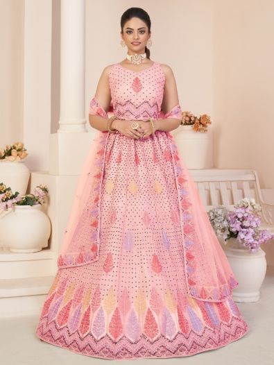 Captivating Pink Sequins Work Net Functions Wear Lehenga Choli 