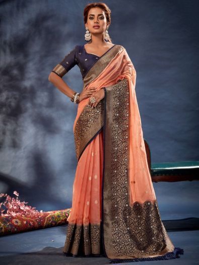 Traditional Saree With Desingner Contrast Blouse (With Embellished Border)- Peach & Maroon – Vpnam