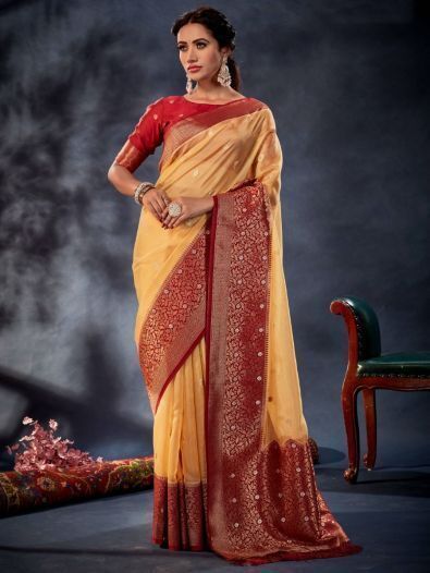 Awesome Yellow Woven Organza Silk Traditional Saree With Blouse 