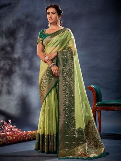 Beautiful Light Green Woven Organza Silk Reception Wear Saree