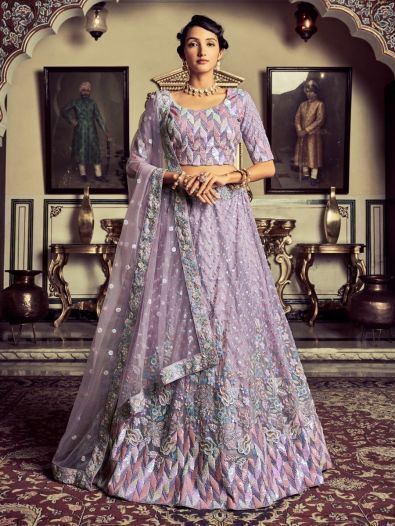 Ravishing Lilac Embroidered Georgette Ceremonies Wear Lehenga Choli