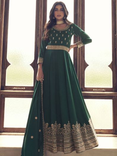 Captivating Green Embroidered Silk Engagement Wear Ready-Made Gown