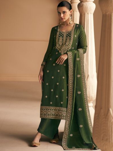 Wonderful Olive Green Embroidered Silk Suit Pant With Dupatta