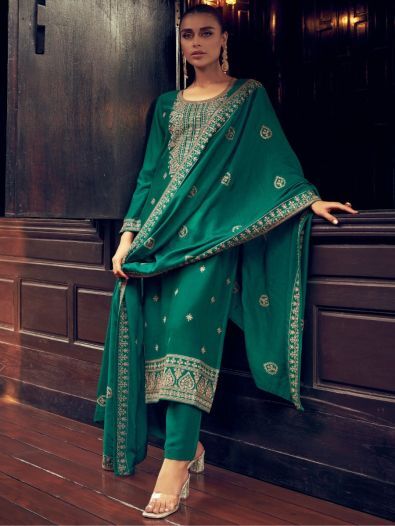Beautiful Rama Green Embroidered Silk Festive Wear Suit Pant With Dupatta