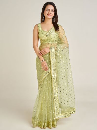 Enticing Light Green Sequins Net Party Wear Saree With Blouse