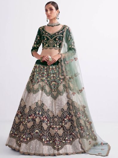 Green Heavily Embroidered Silk Wedding Lehenga Choli