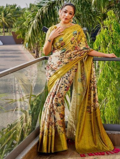 Magnetic Olive Green Floral Printed Organza Wedding Wear Saree