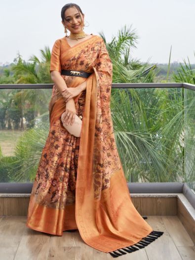 Adorable Orange Floral Printed Organza Classic Saree With Blouse 