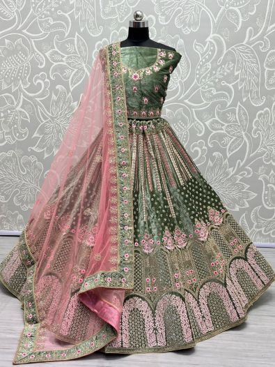 Captivating Green Embroidered Work Velvet Bridal Lehenga Choli