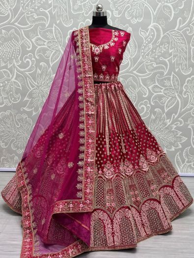Incomparable Pink Diamond Work Velvet Bridal Lehenga Choli With Dupatta