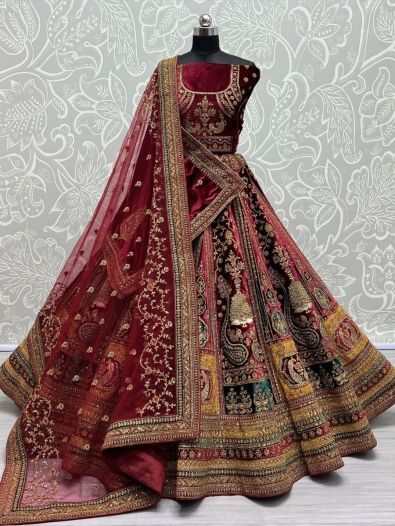 Ultimate Maroon Embroidery Velvet Bridal Wear Lehenga Choli 