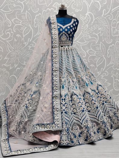 Awesome Blue Velvet Multi Thread Work Bridal Lehenga Choli