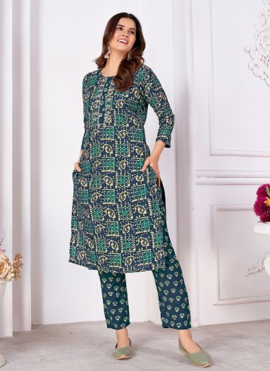 Amazing Teal Blue Digital Printed Rayon Readymade Pant Suit