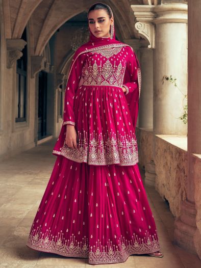 Awesome Pink Embroidered Georgette Gharara Suit With Dupatta