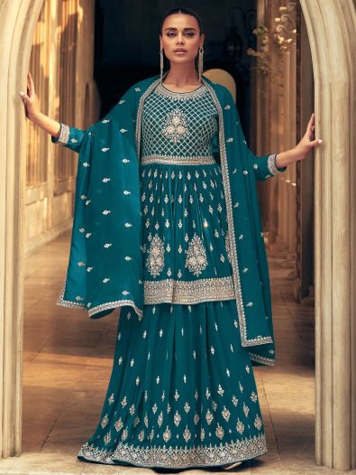 Amazing Blue Embroidered Georgette Gharara Suit With Dupatta