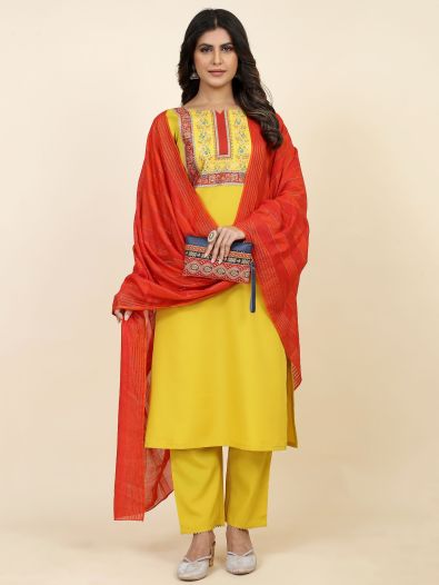 Superb Yellow Digital Printed Crepe Traditional Pant Suit With Dupatta