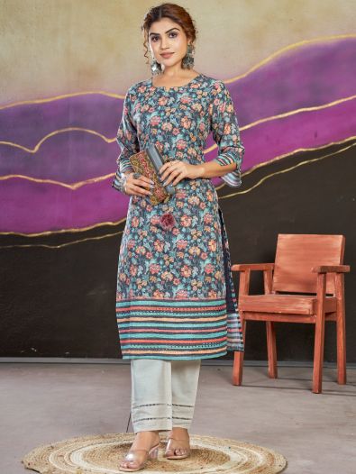 Pretty Navy-Blue Floral Printed Cotton Events Wear Readymade Kurti