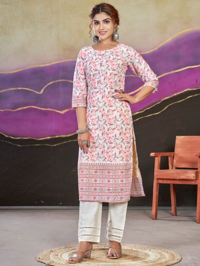 Lovely Off-White Floral Printed Cotton Traditional Readymade Kurti