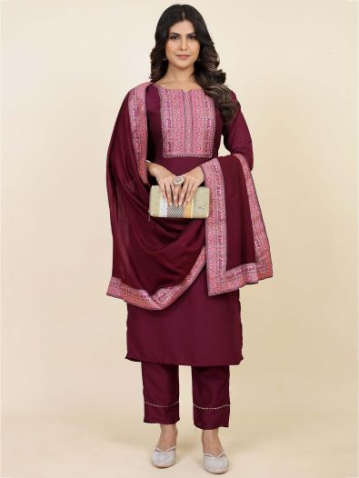 Exquisite Maroon Digital Printed Chinon Pant Suit With Dupatta