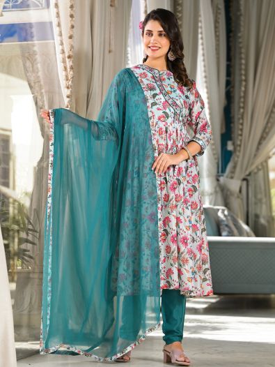 Pretty Light Blue Floral Printed Silk Readymade Pant Suit