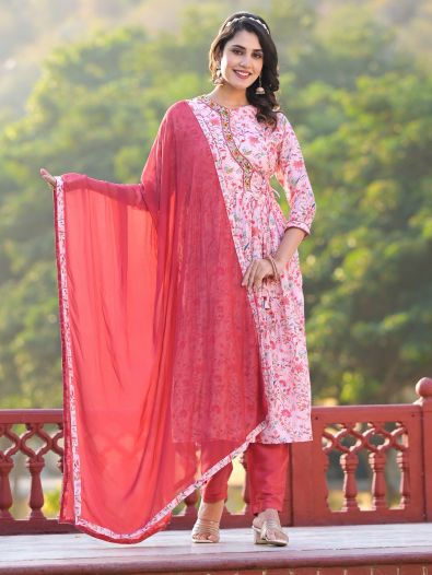 Fetching Light Pink Floral Printed Silk Pant Suit With Dupatta