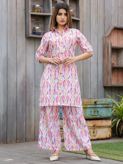 Exquisite White & Pink Digital Printed Cotton Top Palazzo Co-Ord Set