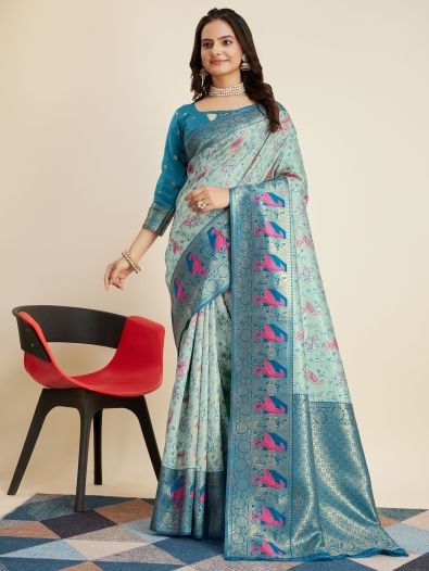 Fabulous Blue Zari Weaving Banarasi Silk Function Wear Saree