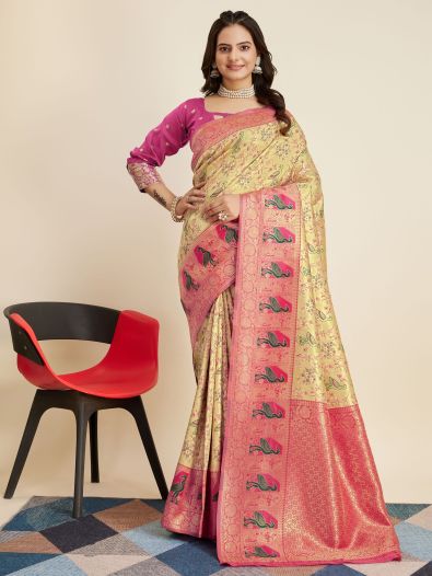 Incredible Beige Zari Weaving Banarasi Silk Function Wear Saree