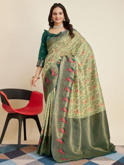 Surprising Pista Green Zari Weaving Banarasi Silk Mehendi Wear Saree