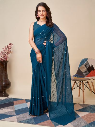Awesome Teal Blue Sequins Georgette Function Wear Saree With Blouse