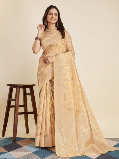 Gorgeous Beige Zari Weaving Banarasi Silk Reception Wear Saree