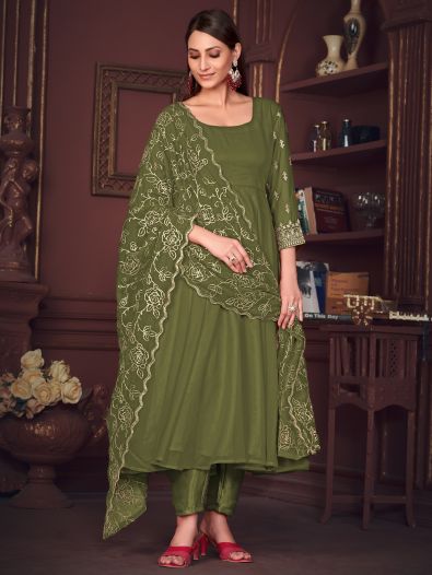 Lovely Green Embroidered Georgette Anarkali Suit With Dupatta
