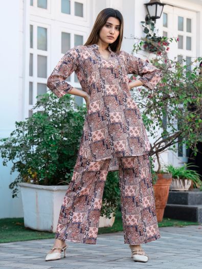 Appealing Multi-Color Digital Printed Cotton Top Palazzo Co-Ord Set