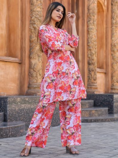 Impressive Red Floral Printed Cotton Top Palazzo Co-Ord Set