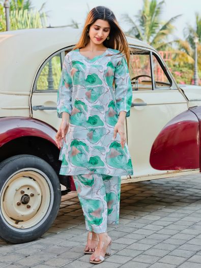 Opulent Green Digital Printed Cotton Top Palazzo Co-Ord Set