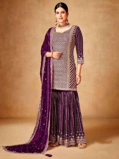 Astonishing Purple Sequins Chinon Festival Wear Sharara Suit