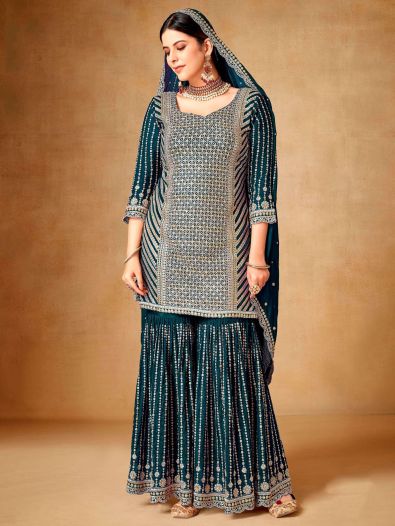 Gorgeous Teal Blue Sequins Chinon Festival Wear Sharara Suit