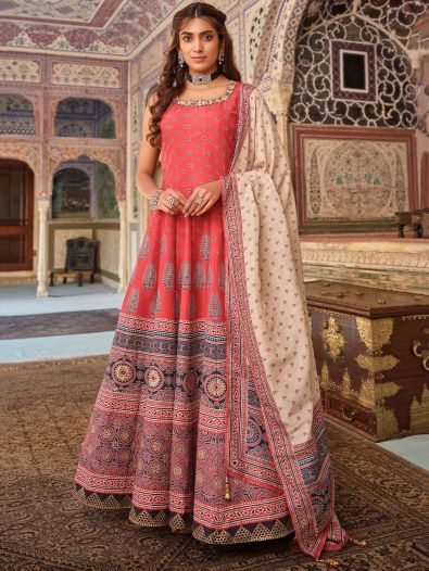 Gorgeous Red Digital Printed Silk Festive Wear Gown With Dupatta